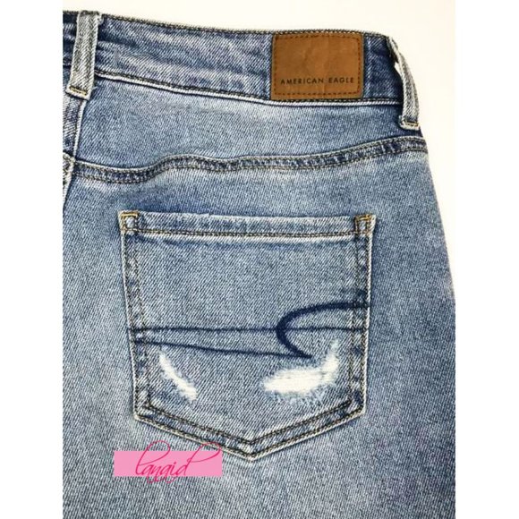 American Eagle Stretch Tomgirl Jeans Slashed Sky Destroyed Ripped BF Boyfriend 0 - Picture 6 of 14